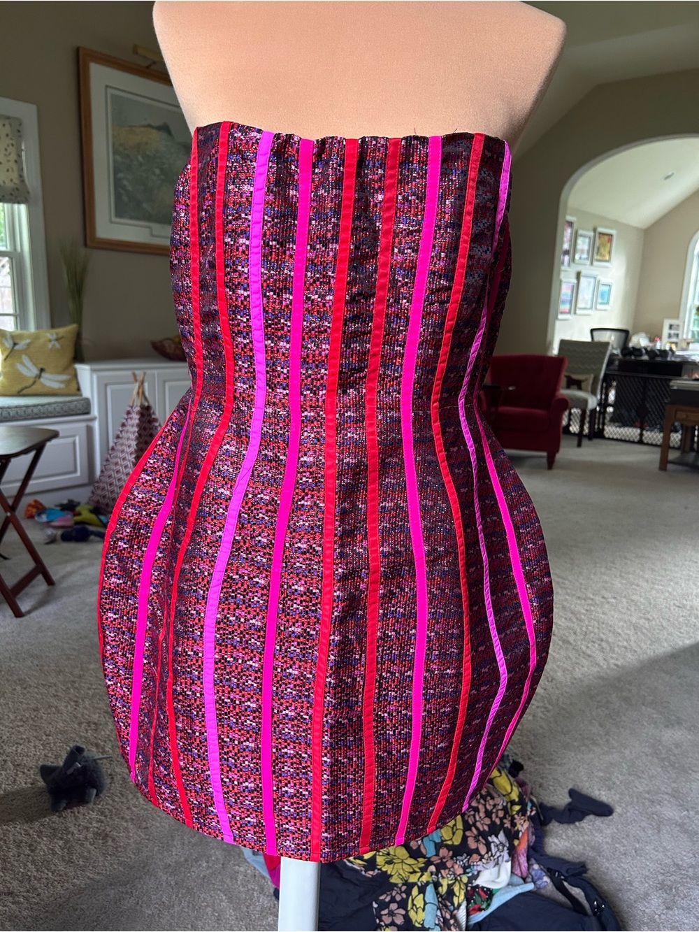 Strapless Pink & Red Tweed Mini Dress